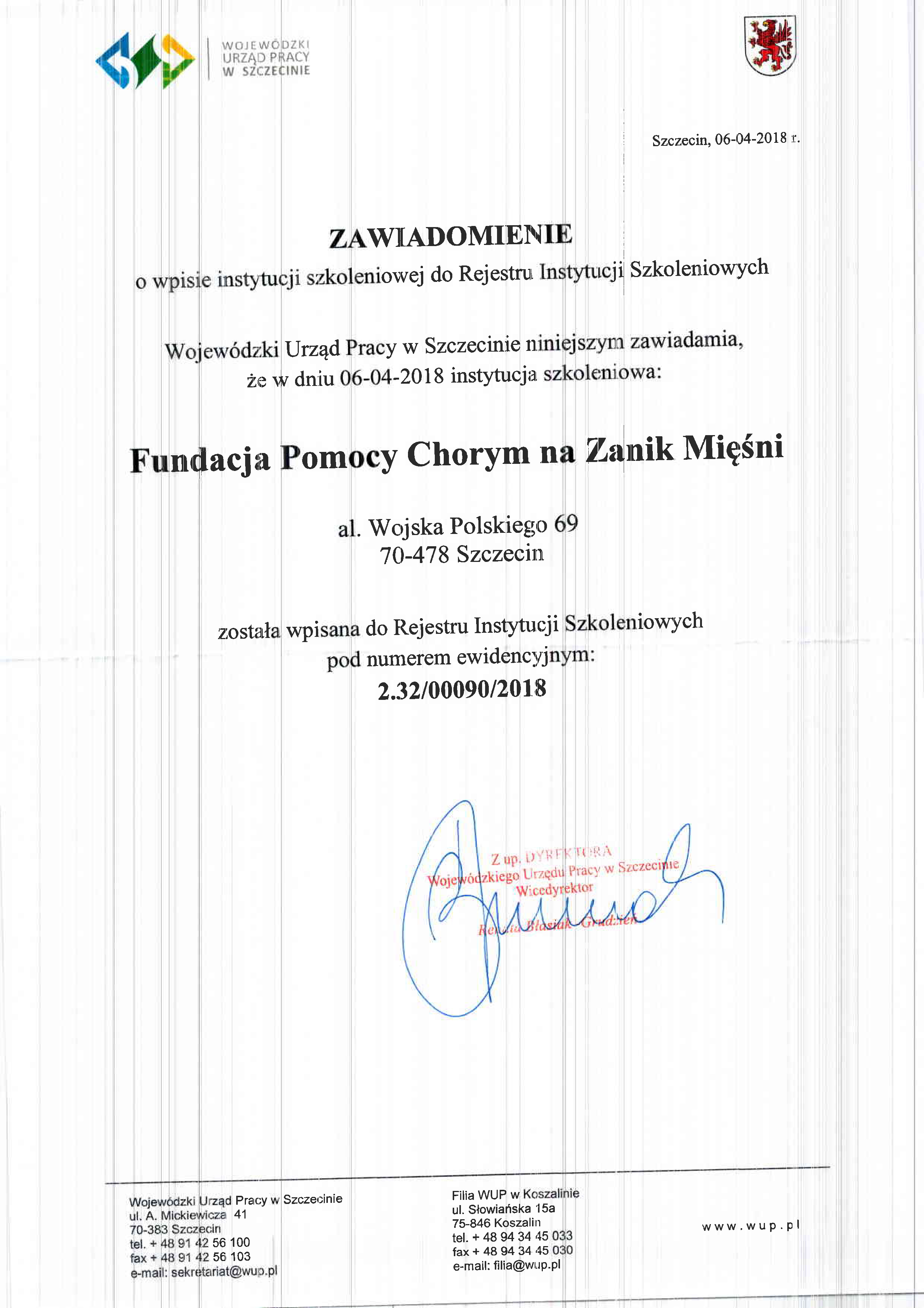 instytucja szkoleniowa zawiadomienie o wpisie 2018 2